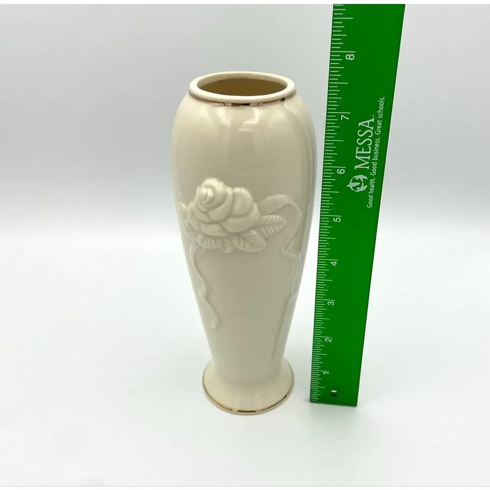 Lenox Ivory Porcelain Rose Blossom Bud Vase Embossed 24K Gold Trim 7 1/2